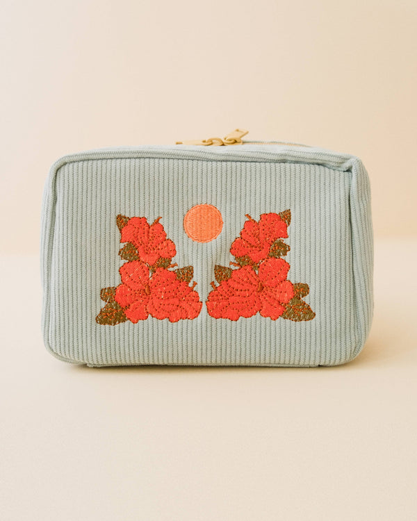 Red and Orange Floral Embroidered Corduroy Makeup Bag in Sky Blue