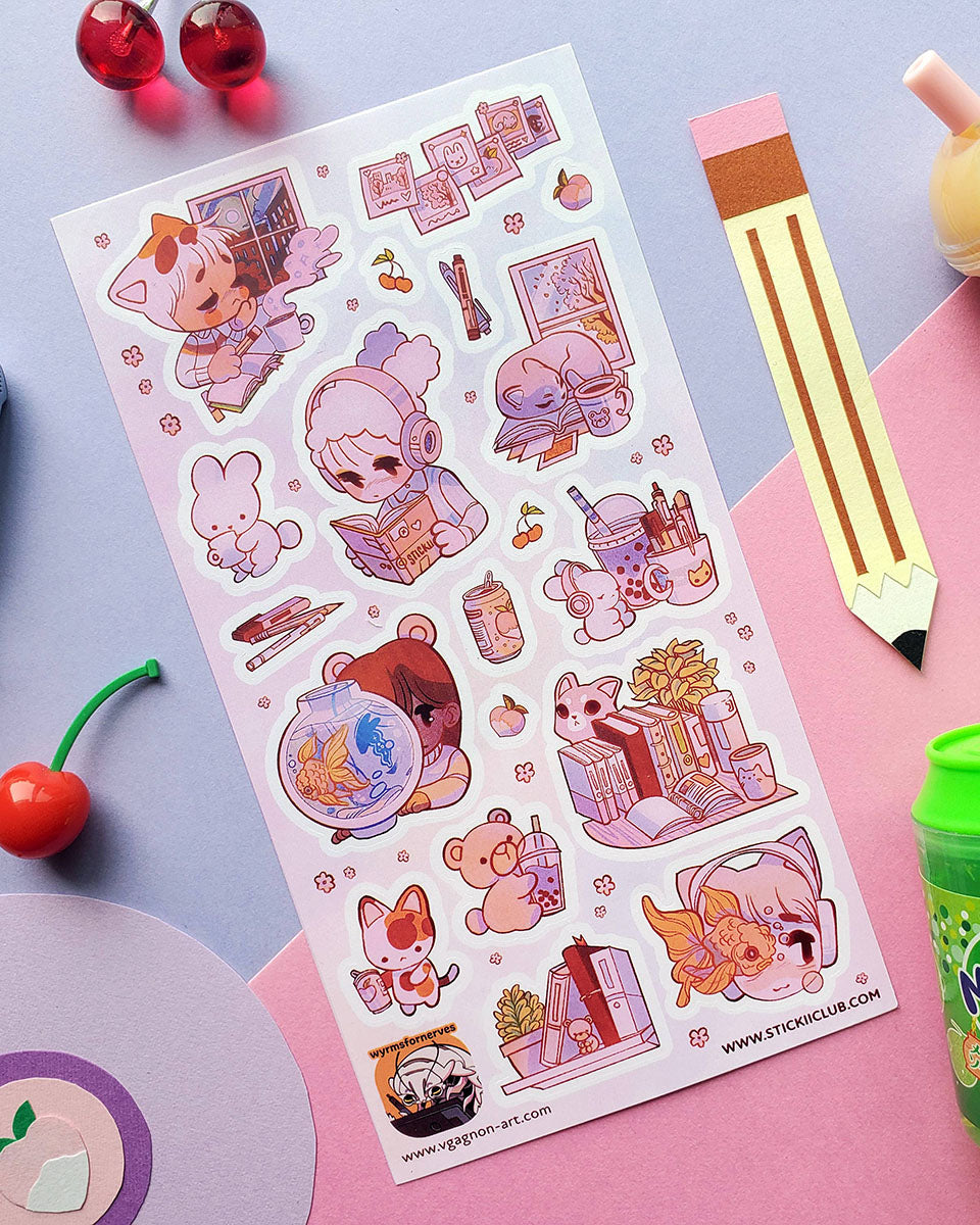 Lo-fi Study & Chill Matte Sticker Sheet - Art by V. Gagnon: @wyrmsfornerves