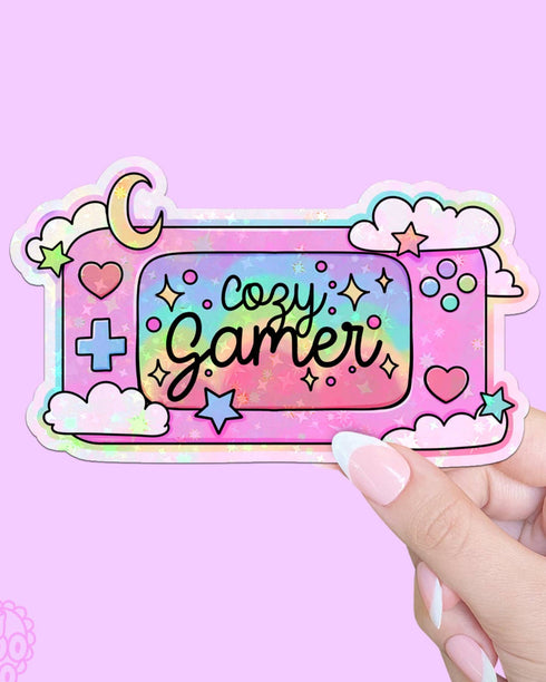 "Cozy Gamer" Handheld Starlight Holographic Die Cut Vinyl Sticker