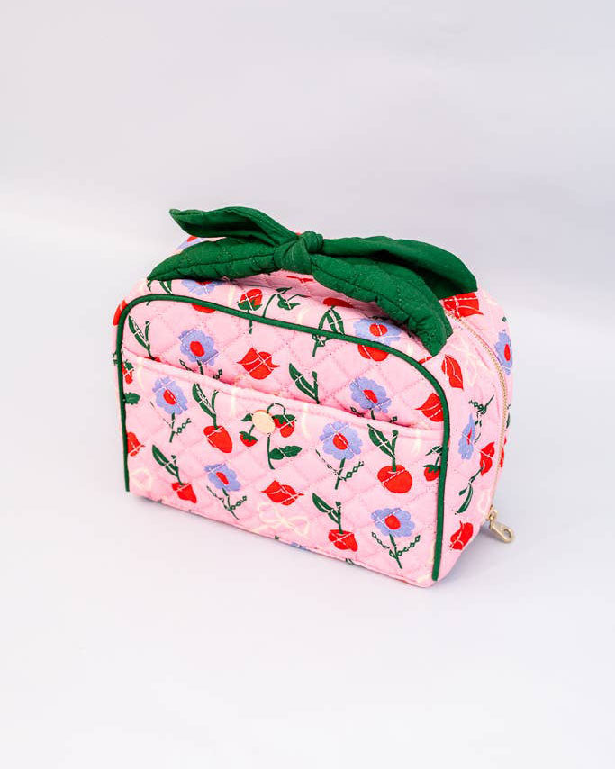 Cherry Lips Green Bow & Pink Quilted Getaway Toiletry Bag