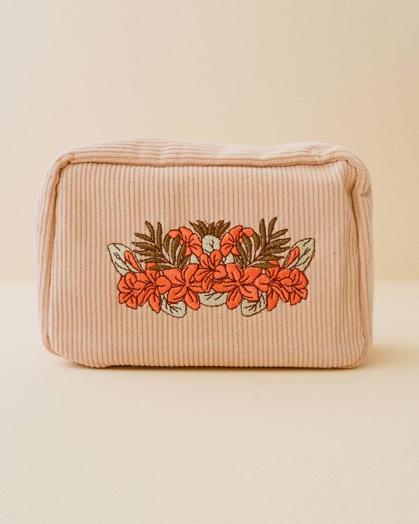Red Orange Floral Embroidered Corduroy Makeup Bag in White Sand
