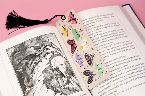 Whimsical Moths Black Tassel Bookmark