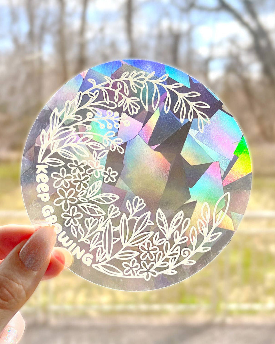 "Keep Growing" Floral Holographic Window Suncatcher Decal - 4.25"