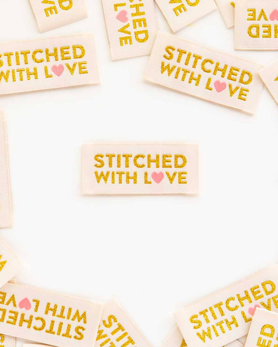"Stitched with Love" Gold Woven Clothing Label Tags for Sewing - 5.7cm x 2.5cm