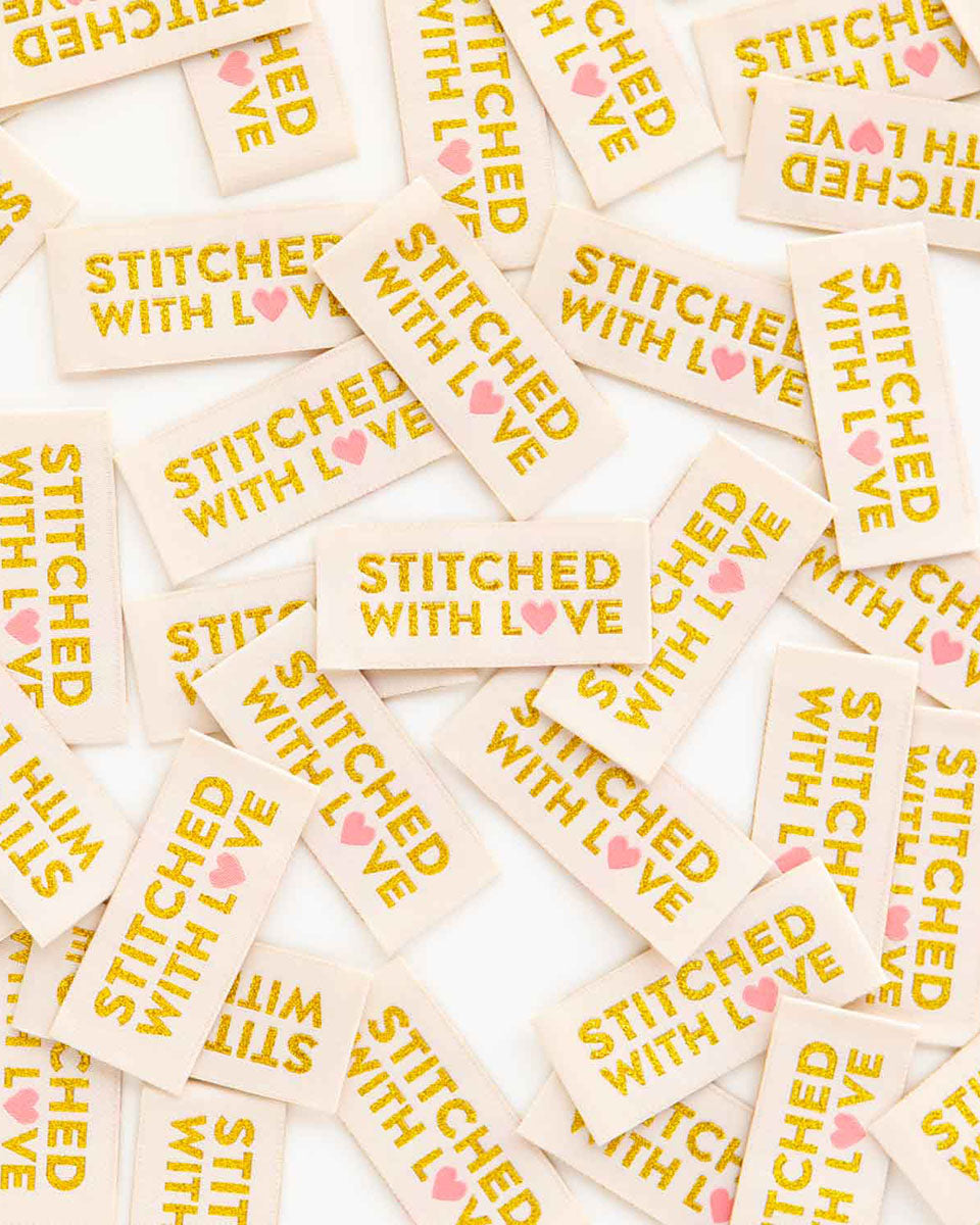 "Stitched with Love" Gold Woven Clothing Label Tags for Sewing - 5.7cm x 2.5cm