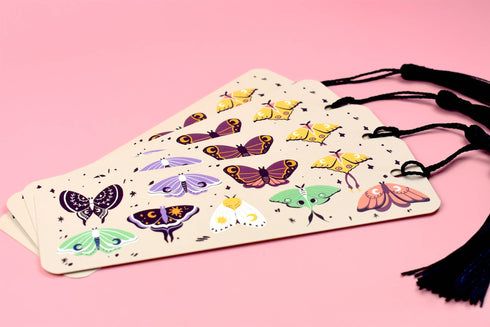 Whimsical Moths Black Tassel Bookmark