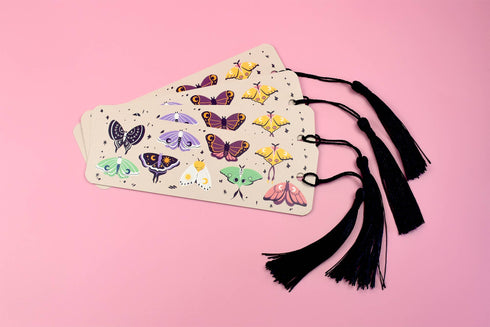 Whimsical Moths Black Tassel Bookmark