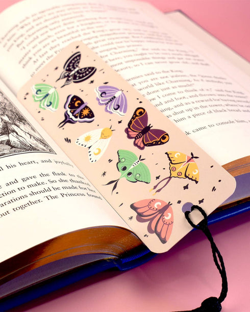 Whimsical Moths Black Tassel Bookmark