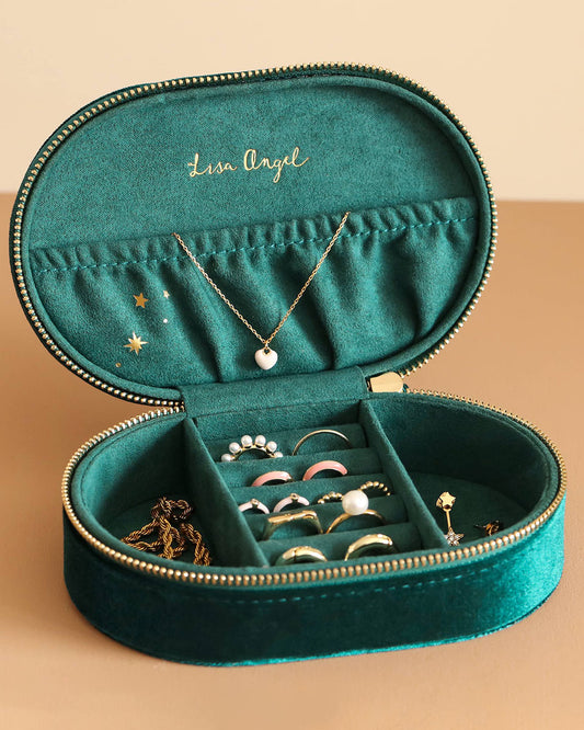 Teal Green Starry Night Printed Velvet Oval Jewelry Case