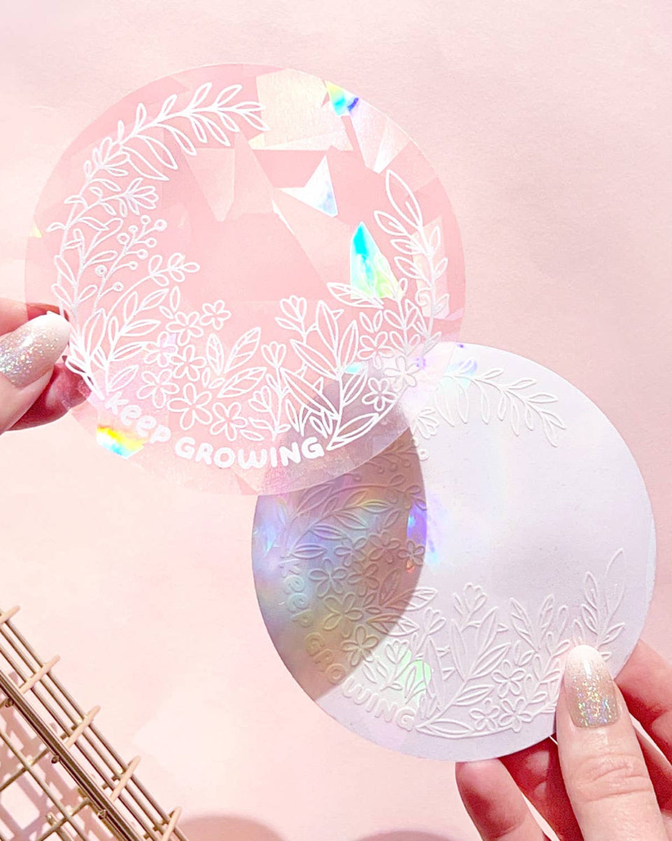 "Keep Growing" Floral Holographic Window Suncatcher Decal - 4.25"