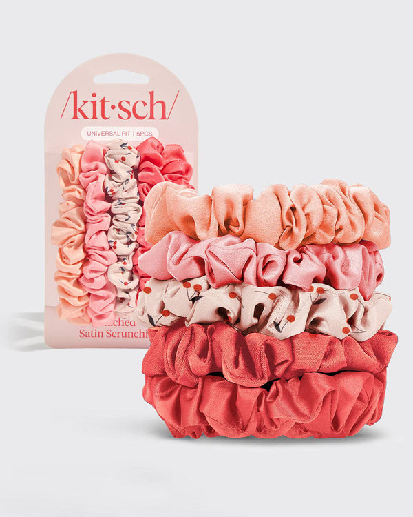 Cherry Blossom Pink and Red Ruched Satin Scrunchies - Set of 5