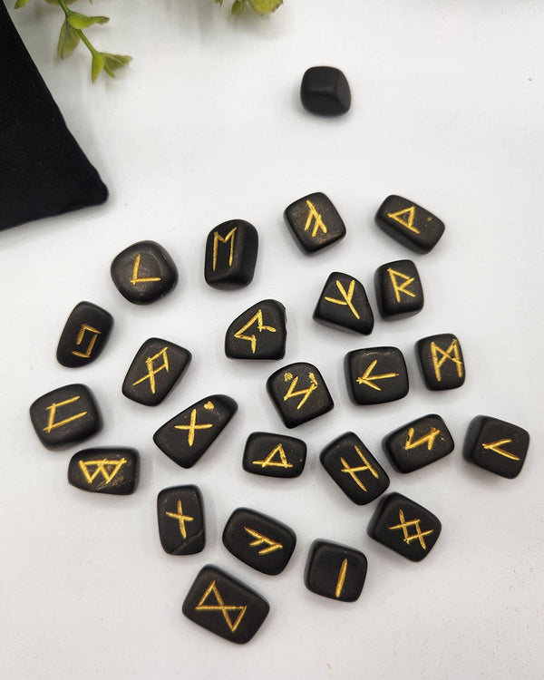 Shungite Semi-Precious Gemstone Rune Sets with Velvet Pouch - 25 Stones
