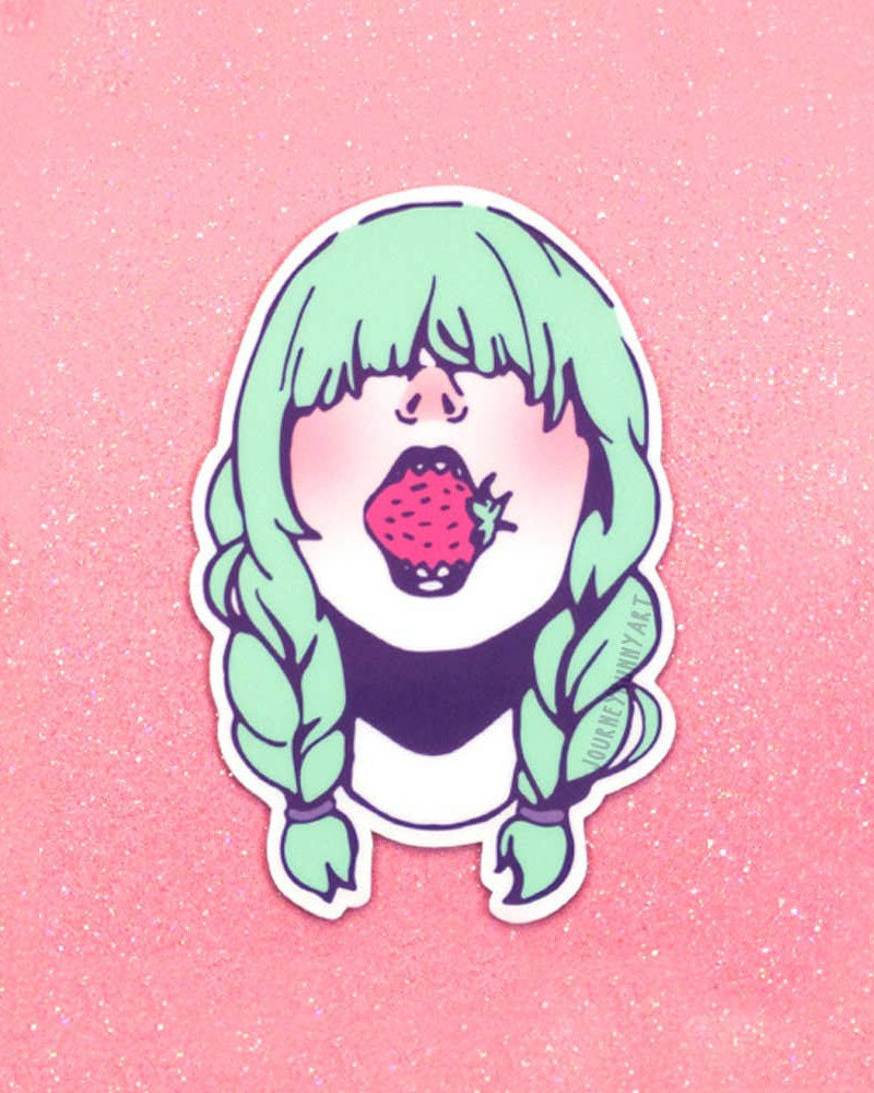 Pink & Green Strawberry Girl Wasserdichter und UV-beständiger Vinyl-Aufkleber – 7,6 cm