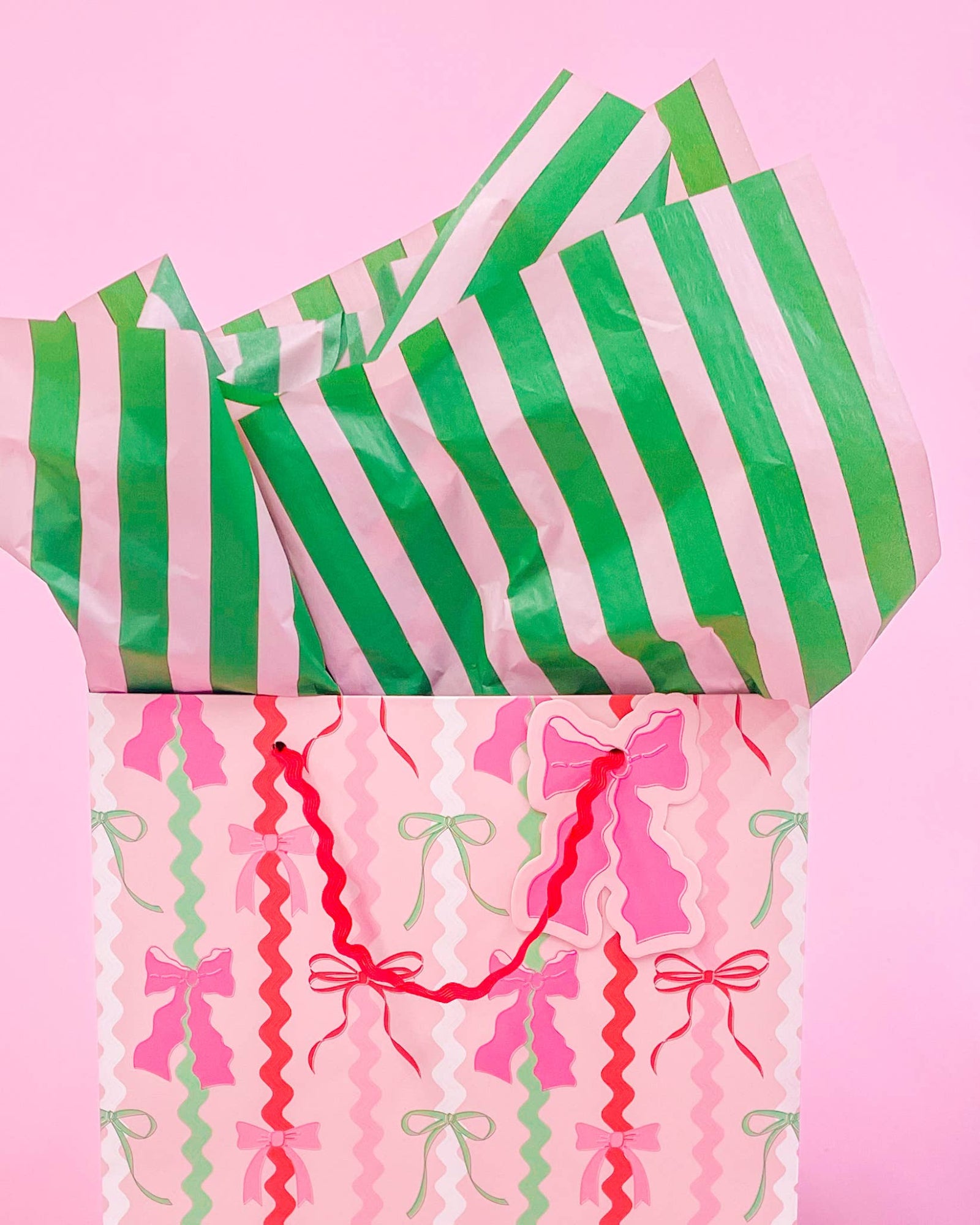 Rock Paper Scissors 🎁 Green & Pink Stripe Tissue Paper (8 Sheets) - Preppy Gift Wrap & Decorative Packaging
