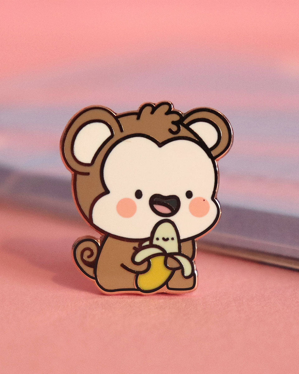 Happy Blushing Monkey & His Banana Cute Hard Enamel Pin - 1"