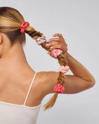 Cherry Blossom Pink and Red Ruched Satin Scrunchies - Set of 5