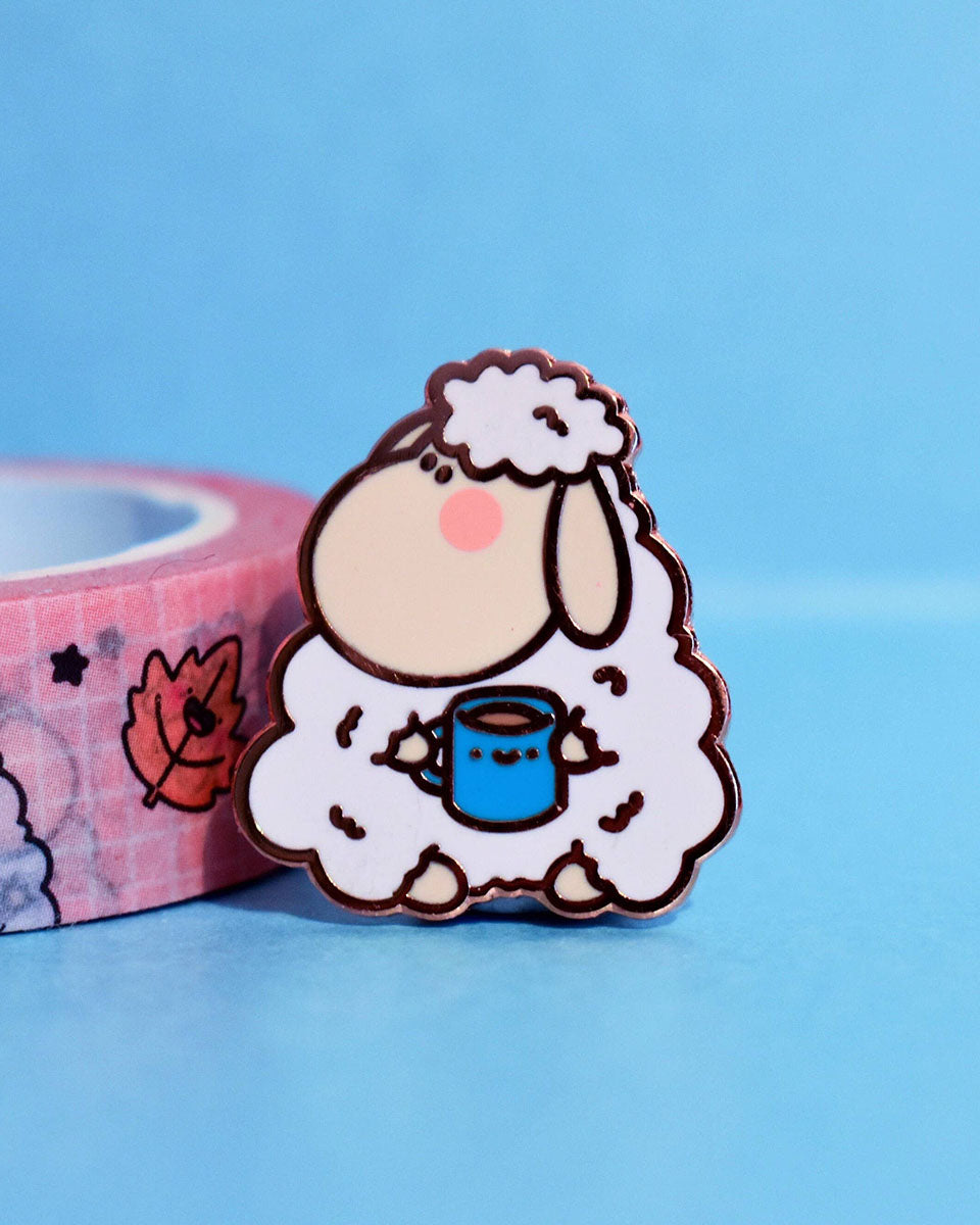 Morning Coffee Cute Blushing Sheep Hard Enamel Pin - 1"