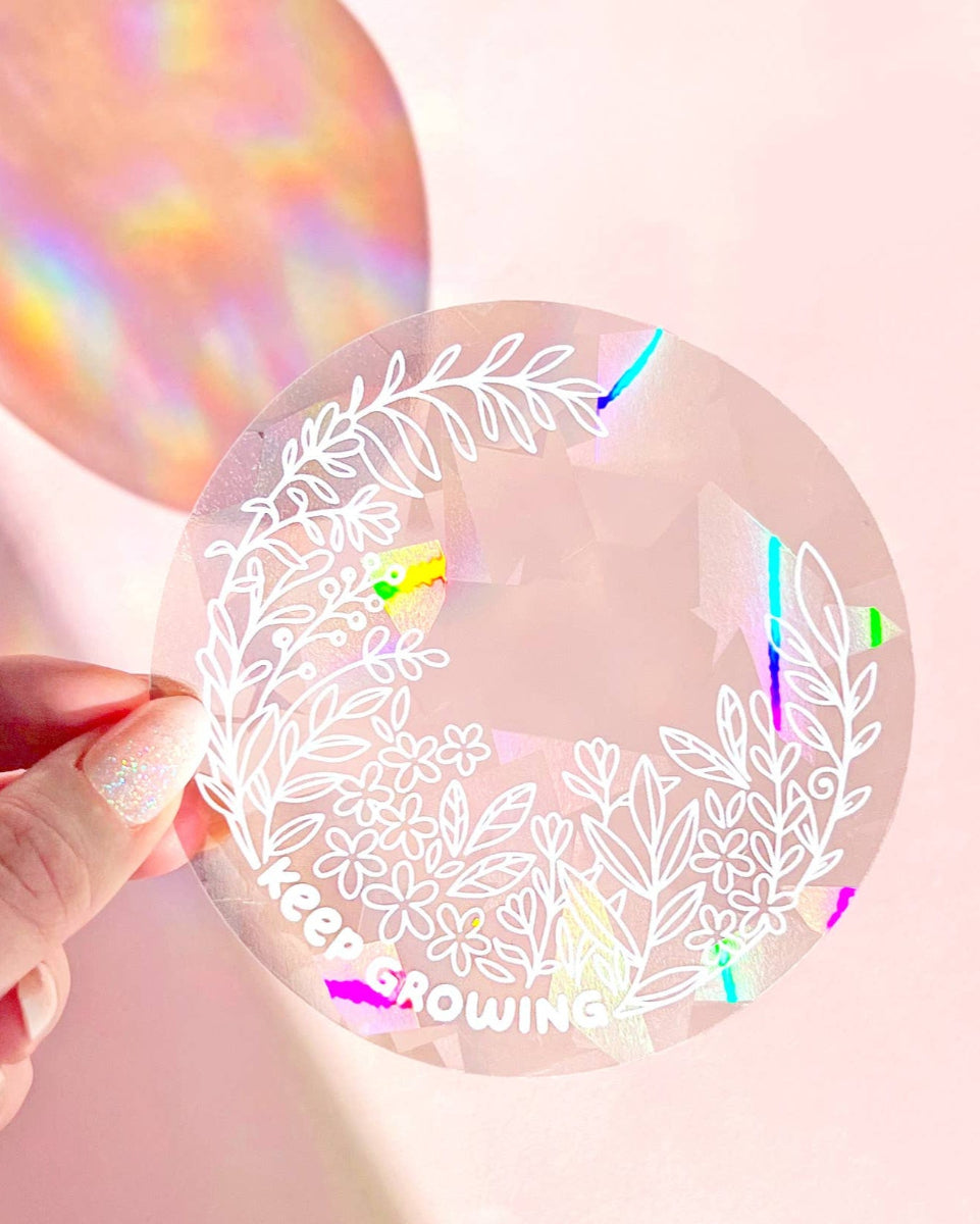 "Keep Growing" Floral Holographic Window Suncatcher Decal - 4.25"