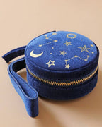 Navy Blue Starry Night Printed Velvet Round Jewelry Box