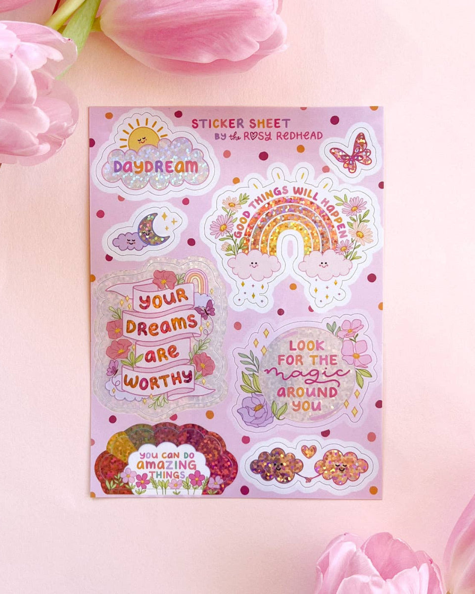 Daydream Glittery Positively Optimistic Waterproof Vinyl 8 Sticker Sheet