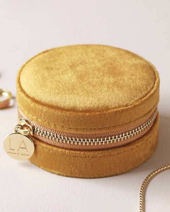 Mustard Yellow Round Velvet Jewelry Box with Floral Lining