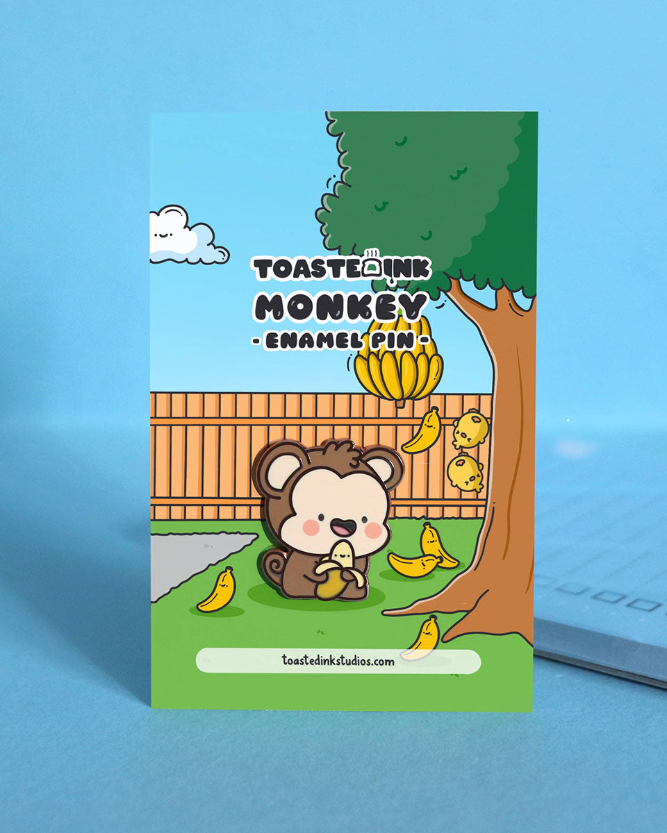 Happy Blushing Monkey & His Banana Cute Hard Enamel Pin - 1"
