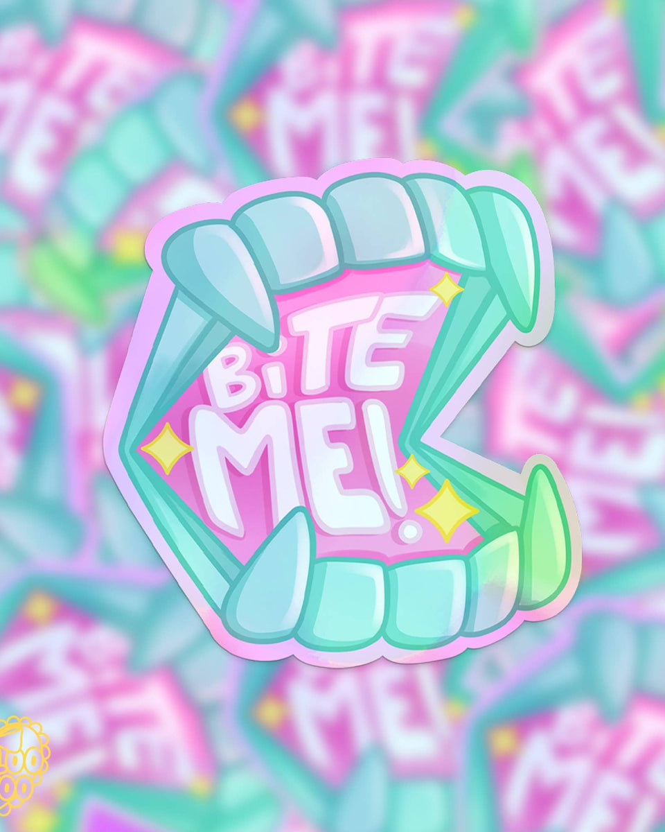 "Bite Me" Holographic Fangs Die Cut Vinyl Sticker - 4"