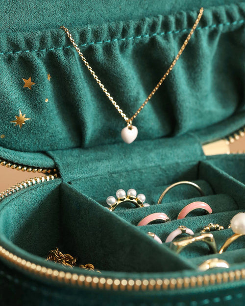 Joyero ovalado de terciopelo con estampado de noche estrellada verde azulado