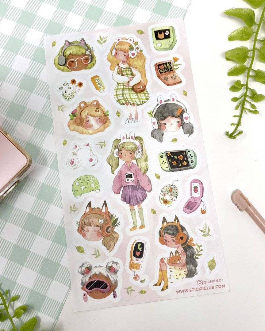 Muted Pastel Green Gamer Girls Sticker Sheet - Art by @qiarateor