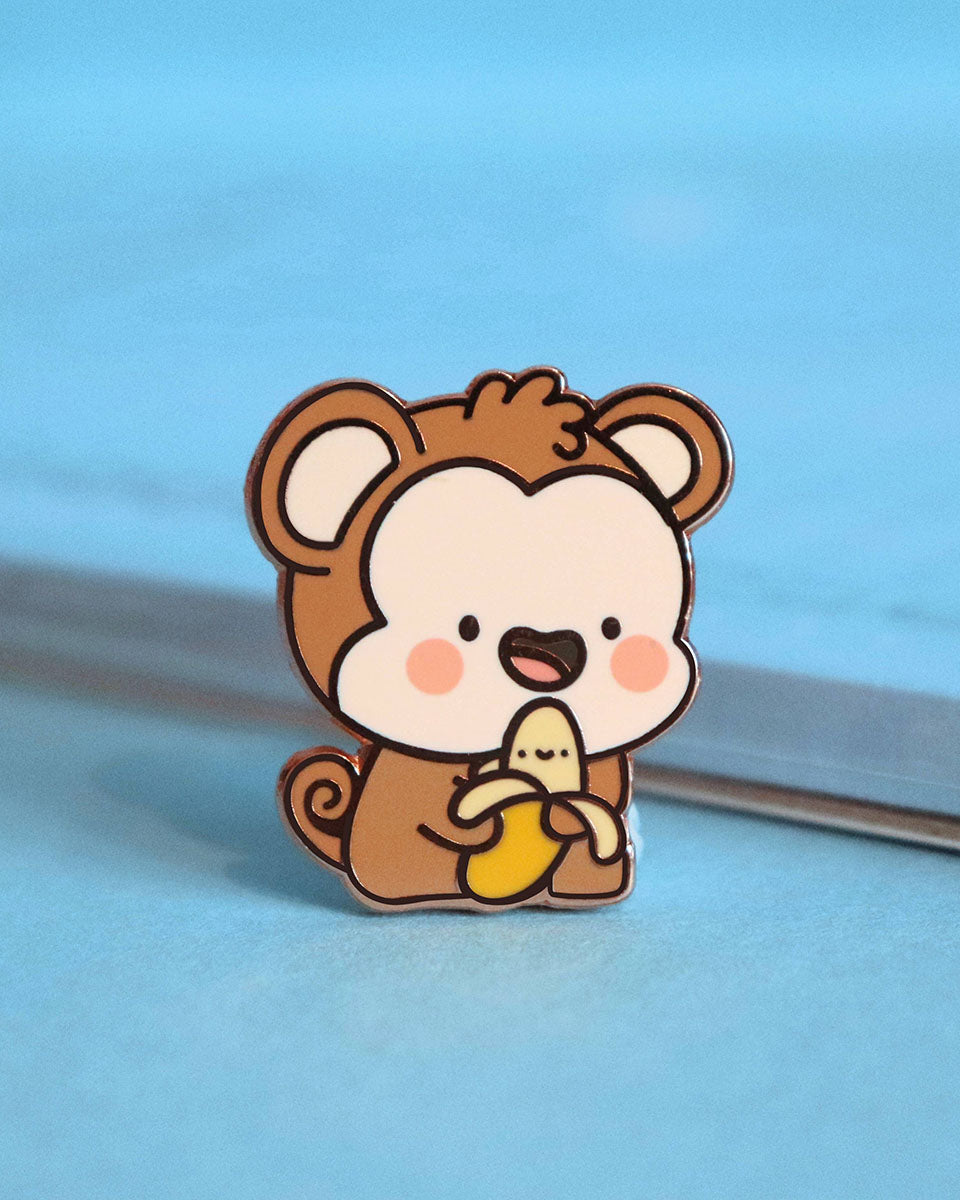Happy Blushing Monkey & His Banana Cute Hard Enamel Pin - 1"