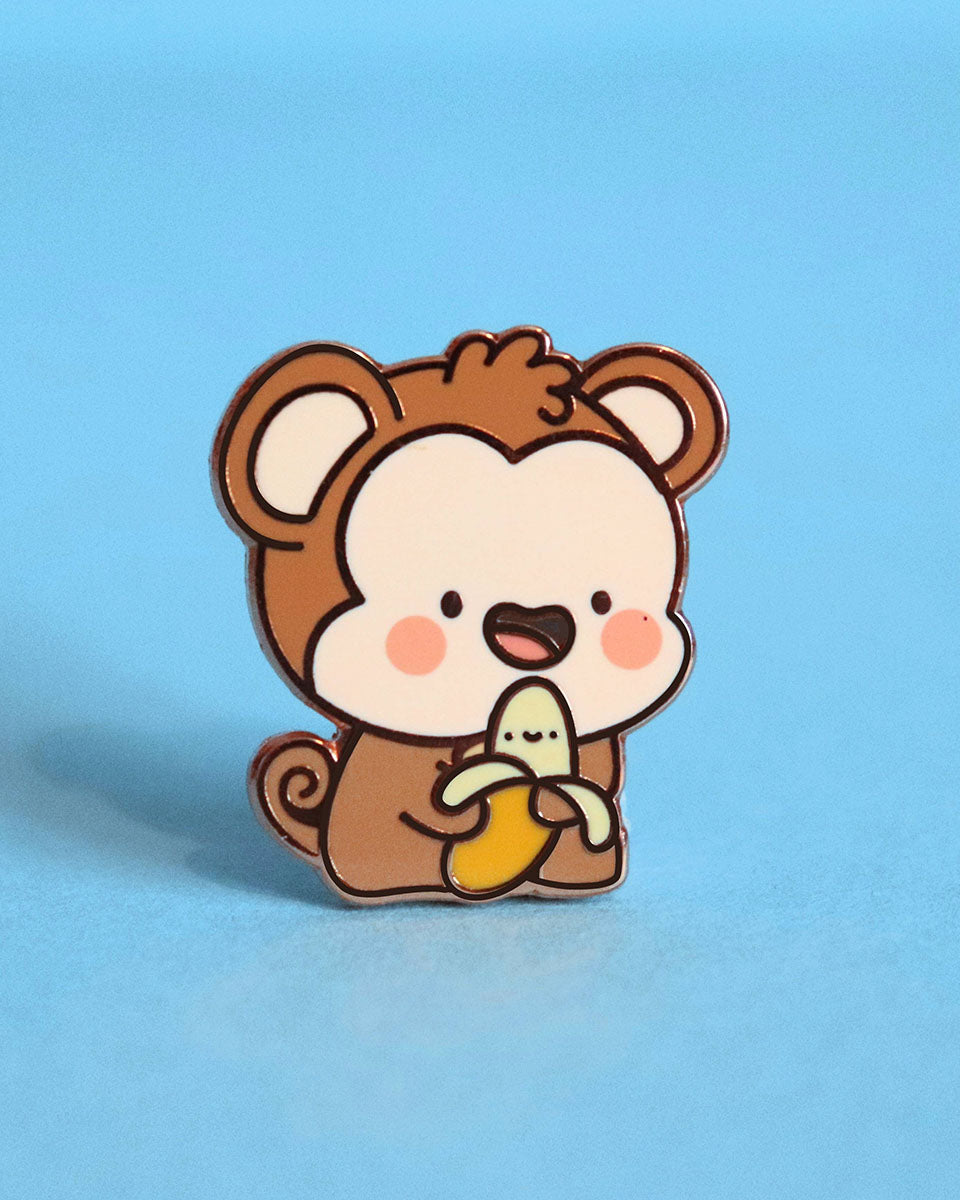 Happy Blushing Monkey & His Banana Cute Hard Enamel Pin - 1"