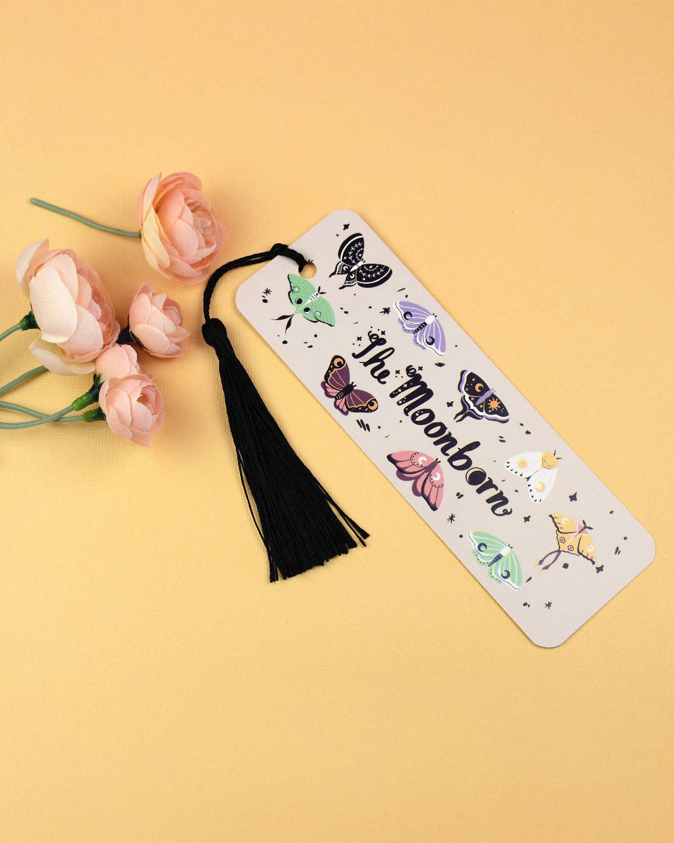 Whimsical Moths Black Tassel Bookmark