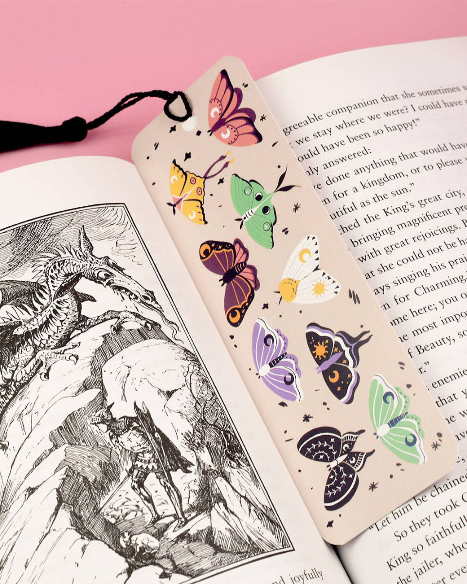 Whimsical Moths Black Tassel Bookmark