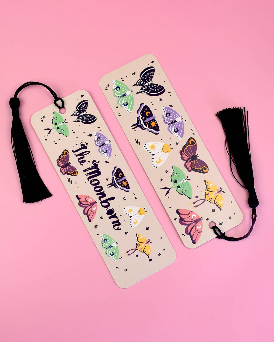 Whimsical Moths Black Tassel Bookmark