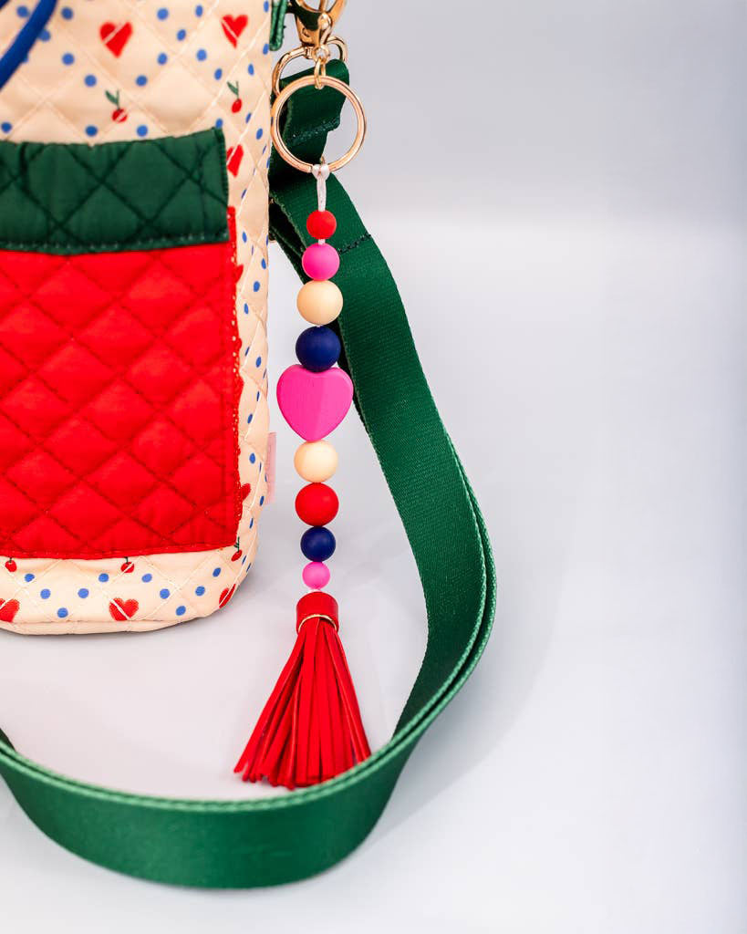 Cherry Hearts Water Bottle Sling w/Beaded Tassel