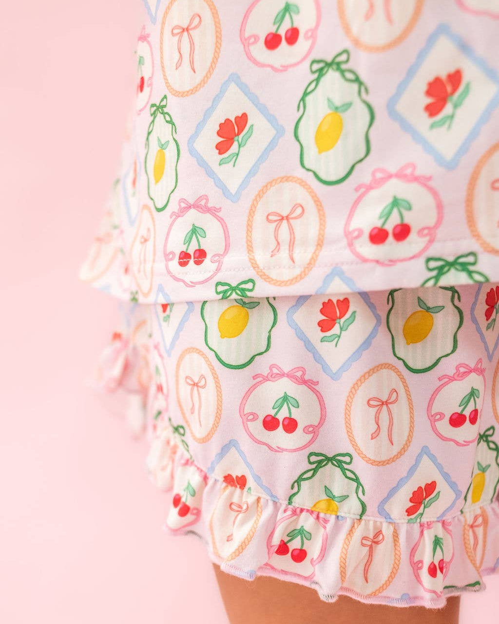 Rock Paper Scissors 🍒 Fruit Cocktail Ruffle Hem Pajama Set - Soft Rayon Sleepwear & Summer Loungewear