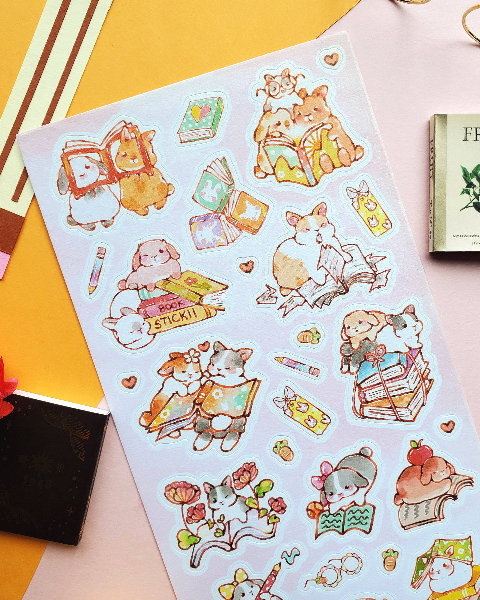 Bookish Bunnies Sticker Sheet - Art by pinkpafu