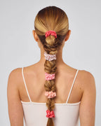 Cherry Blossom Pink and Red Ruched Satin Scrunchies - Set of 5