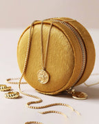 Mustard Yellow Round Velvet Jewelry Box with Floral Lining