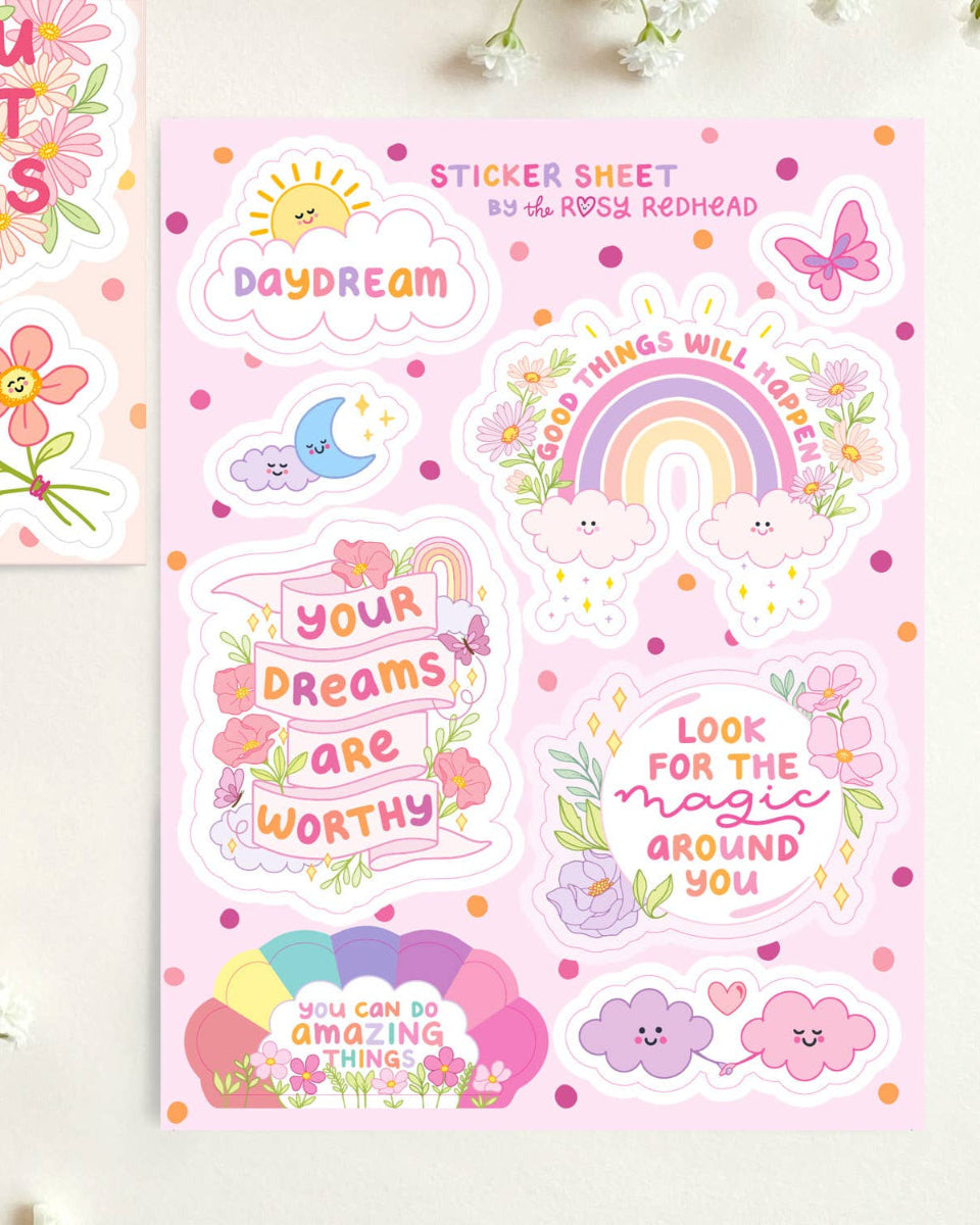 Daydream Glittery Positively Optimistic Waterproof Vinyl 8 Sticker Sheet
