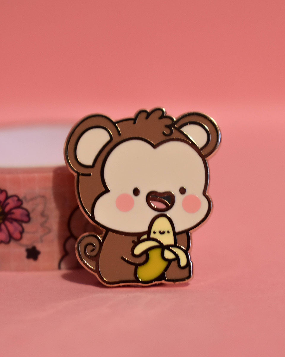 Happy Blushing Monkey & His Banana Cute Hard Enamel Pin - 1"