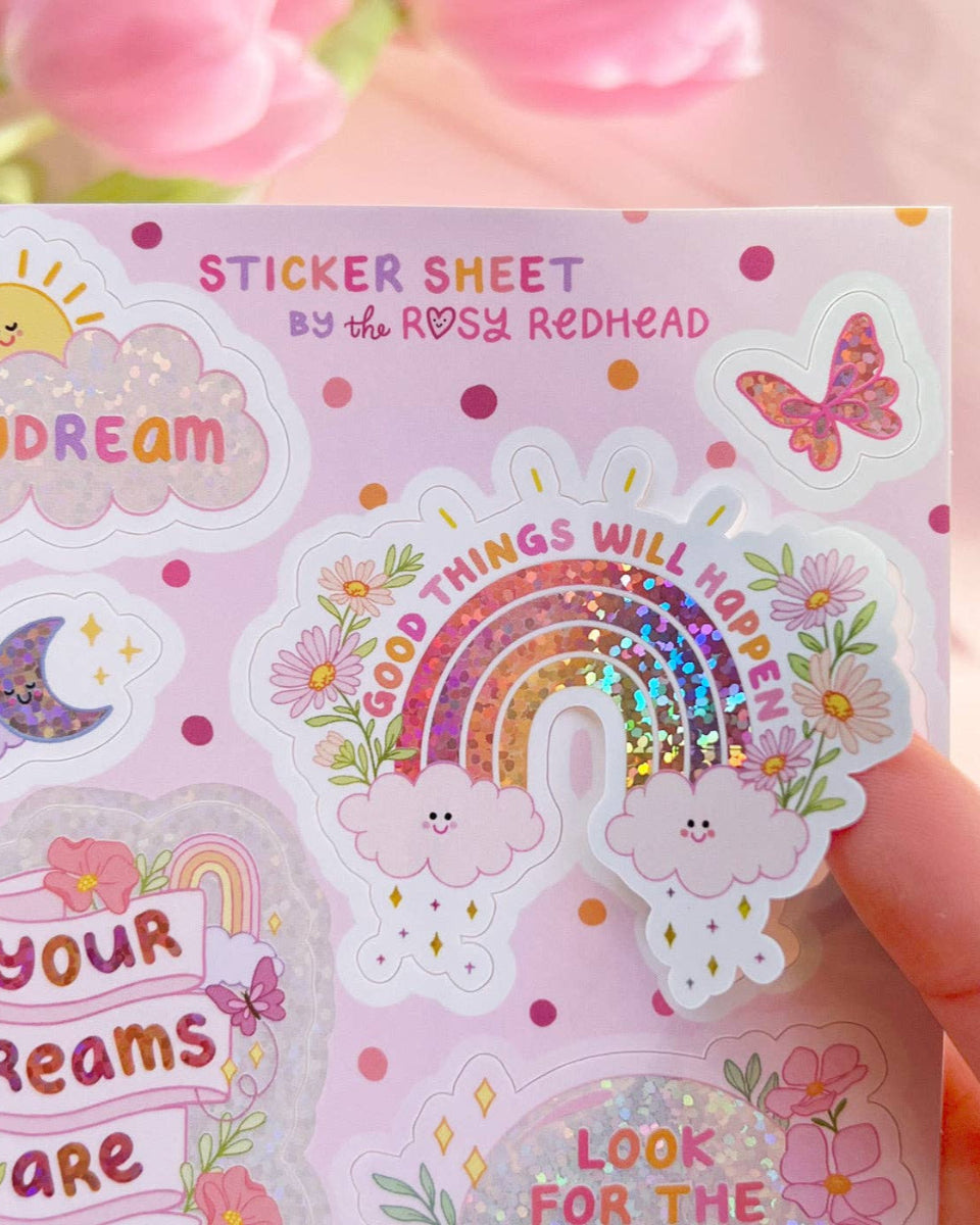 Daydream Glittery Positively Optimistic Waterproof Vinyl 8 Sticker Sheet