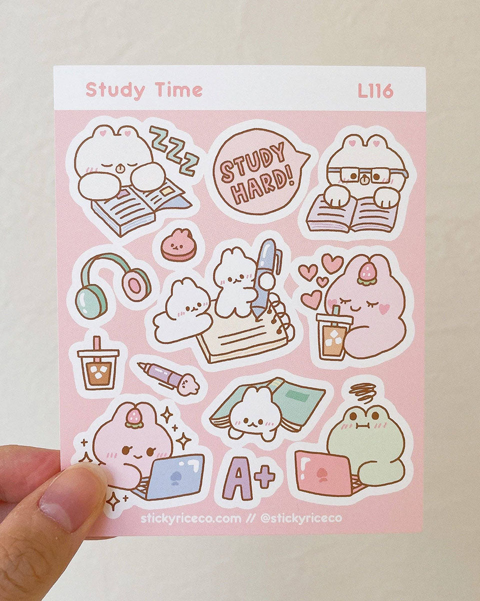Study Time Kawaii Matte Wetterfeste Sticker Sheet 3,75" x 4,75"