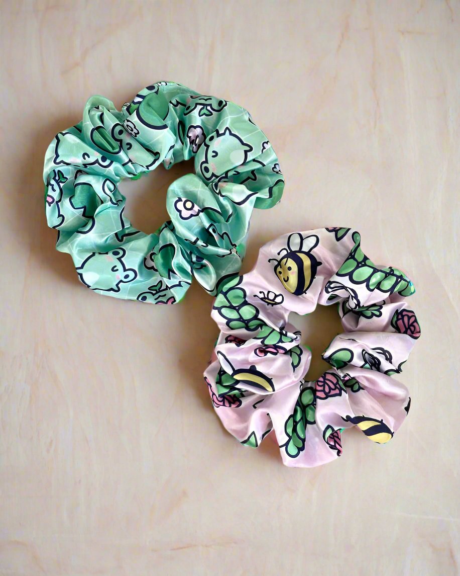 Cute Bee & Frog Kawaii Soft Satin Scrunchies Set