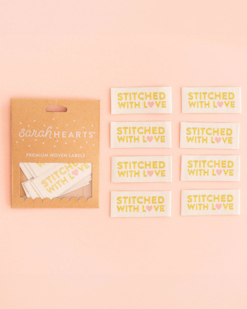 "Stitched with Love" Gold Woven Clothing Label Tags for Sewing - 5.7cm x 2.5cm