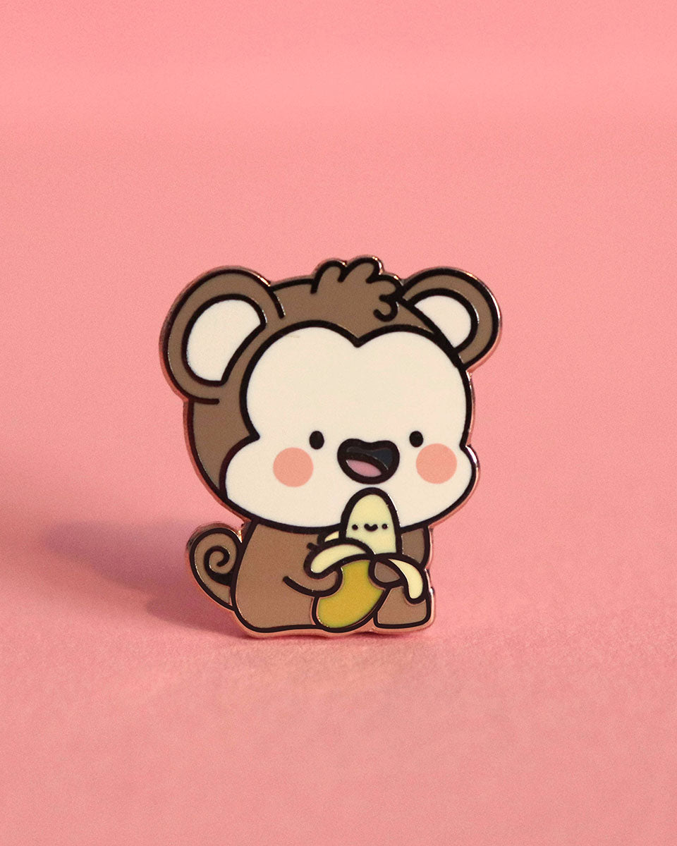 Happy Blushing Monkey & His Banana Cute Hard Enamel Pin - 1"