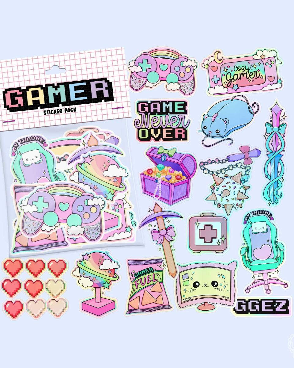 Kawaii Gamer Girl Holographic Sticker Pack - 17 Stickers