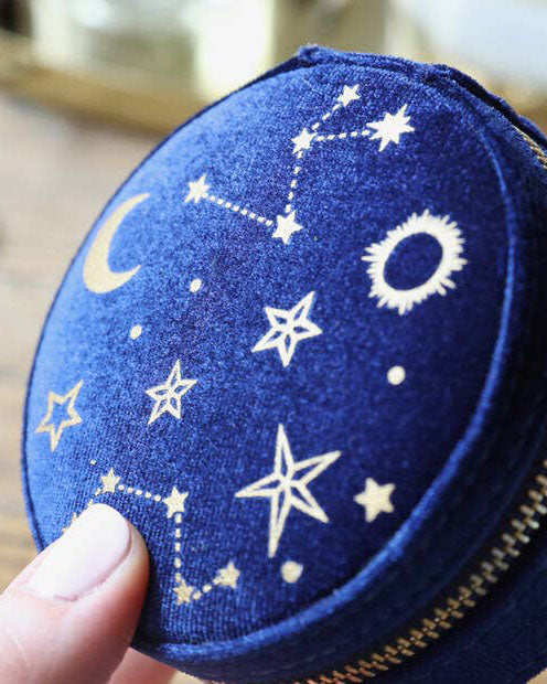 Starry Night Printed Velvet Round Jewellery Case in Navy