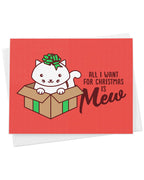 "All I Want for Christmas is Mew" Red Kawaii White Cat in Gift Box Pun Holiday Love Card - 4.25" x 5.5"