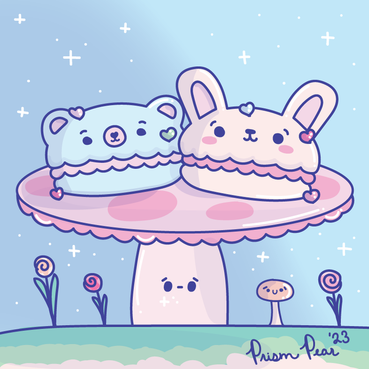 This is the original artwork from Prism Pear Designs that inspired the blue and pink kawaii macaron glitter sticker featured in other photos.  This artwork features a blue kawaii bear macaron sitting next to a light tan bunny macaron cookie.  Both are sitting on top of a mushroom cake plate.  There are stars and sparkles in the sky.  Three flowers are on the ground underneath the mushroom and another baby mushroom is also there.